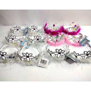 12 Princess Tiaras Girls Birthday Pack Pink White Fuzzy Boas with combs
